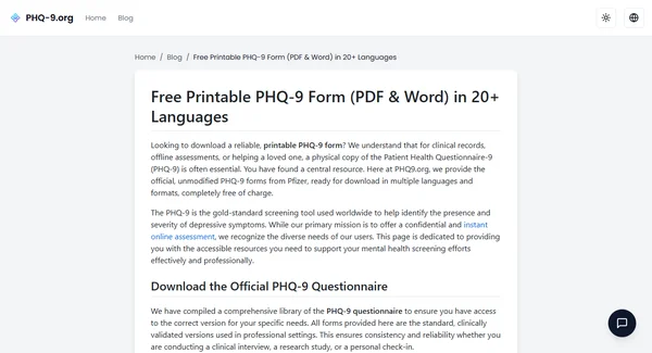 Borang PHQ-9 Boleh Dicetak Percuma (PDF & Word) dalam 20+ Bahasa