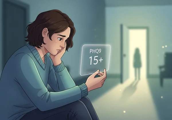 一个人正在思考高PHQ9分数，面露担忧