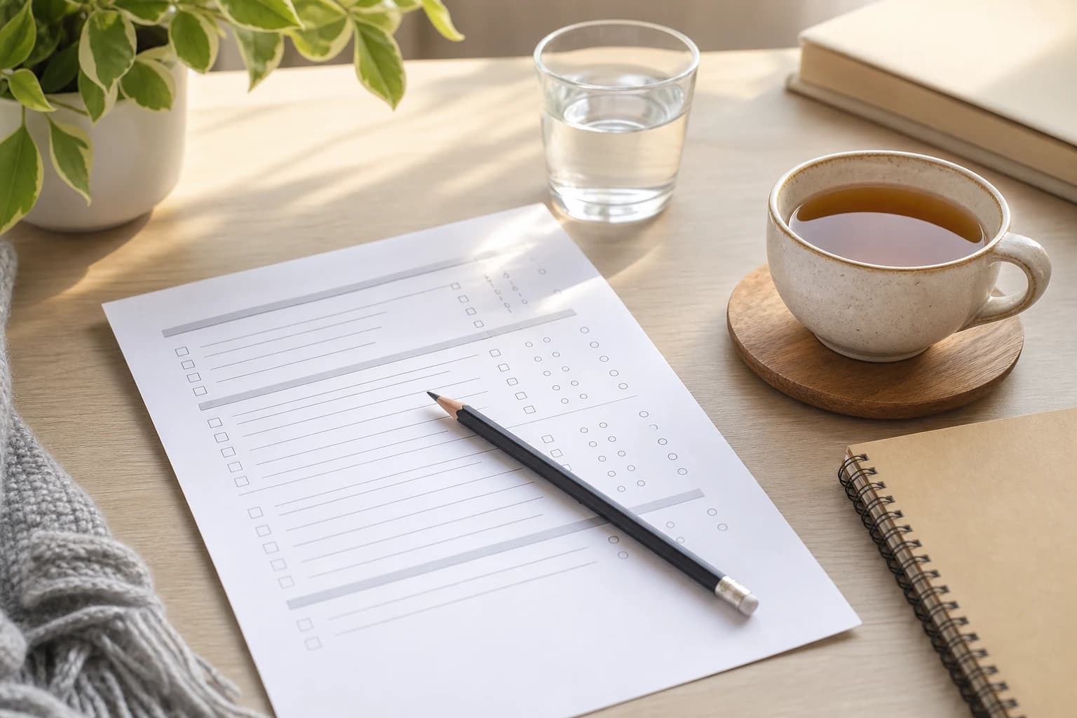 Calm questionnaire on a desk