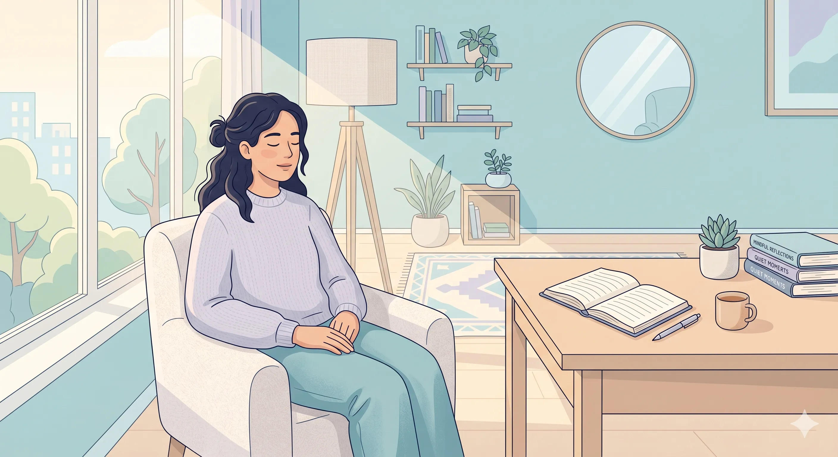 Person reflecting calmly in a cozy room environment