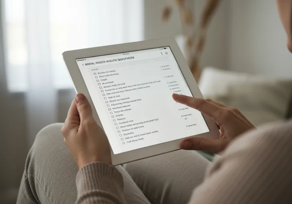 Person taking PHQ-9 assessment on a tablet