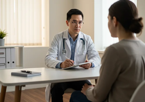 A healthcare professional talking with a patient.