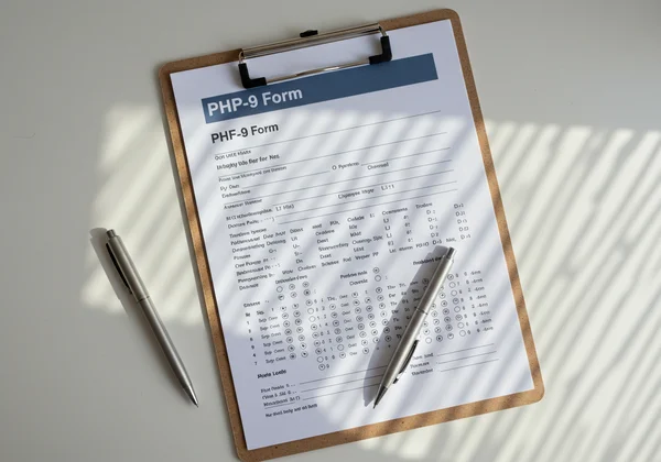 A printable PHQ-9 form on a clipboard with a pen.